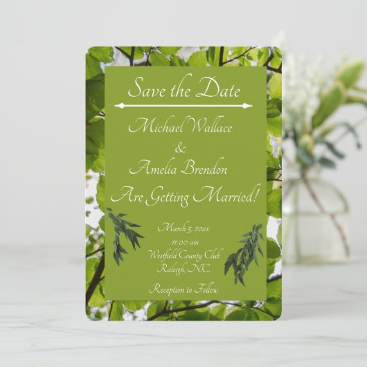 Green Leaves Wedding Save the Date Kaart (Staand voorkant)