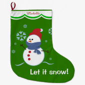 Green Let it Snow Snowman Personalized Grote Kerstsok (Voorkant)
