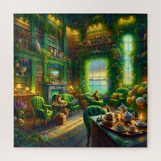 Green Library Cat Tea Time Coastal View Legpuzzel (Verticaal)
