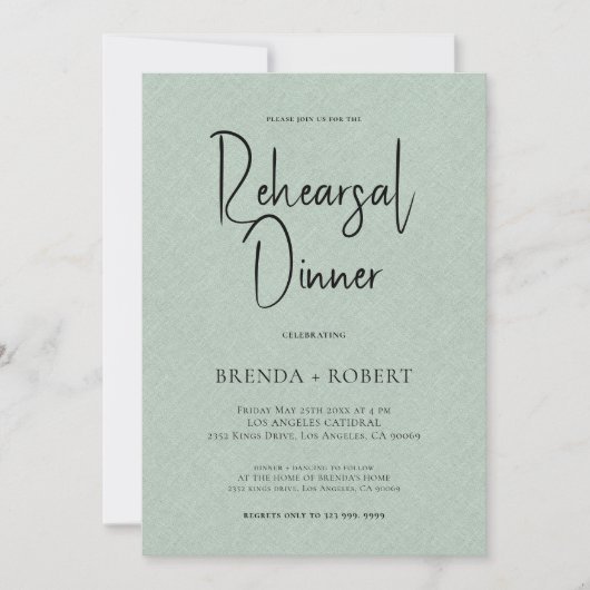 Green linen Simple White Script Rehearsal Dinner Kaart (Voorkant)