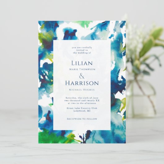 Green Love Abstracte Waterverf Wedding Invitation Kaart (Staand voorkant)