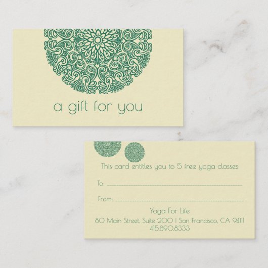 Green Mandala Yoga Certificat cadeau (Devant / Derrière)