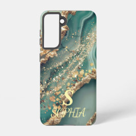 Green marble chic gold glitter monogram samsung galaxy hoesje