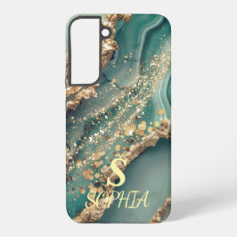 Green marble chic gold glitter monogram samsung galaxy hoesje