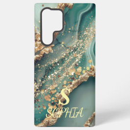 Green marble chic gold glitter monogram samsung galaxy hoesje