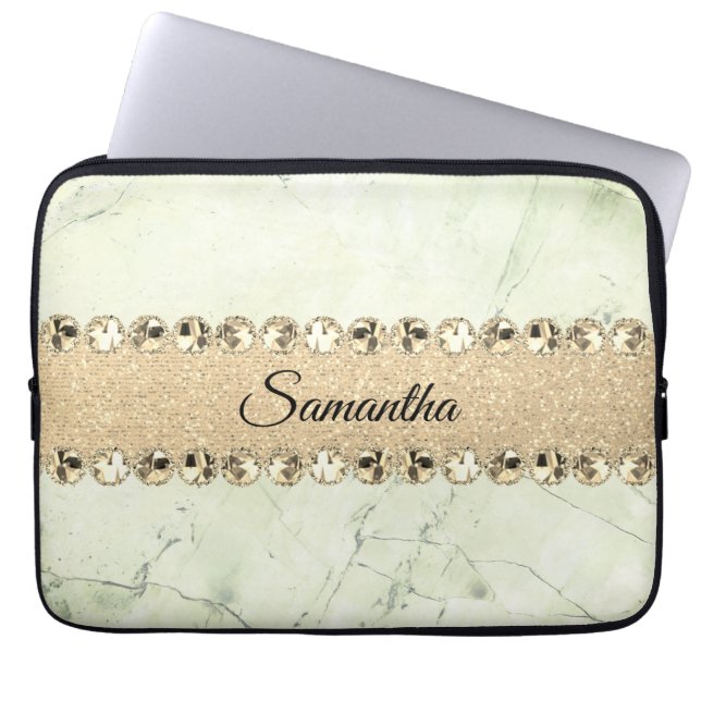 Green Marble Diamond Bling Laptop Sleeve (Voorkant)