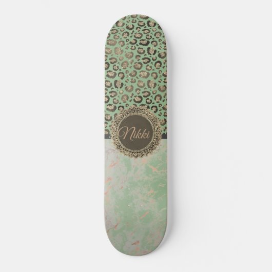 Green Marble Glittery Gold Leopard Custom Skateboard (Voorkant)