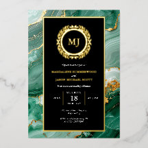 Green Marble Gold Laurel Crest & Black Uitnodiging