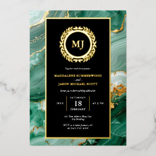 Green Marble Gold Laurel Crest & Black Uitnodiging