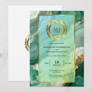 Green Marble Gold Laurel Crest & Lijst Wedding Kaart