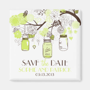 Green Mason Jars & Flowers Save the Date Magnet Magneet