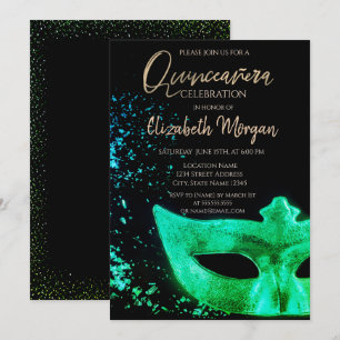 Green Masque, Confetti Quinceañera Kaart