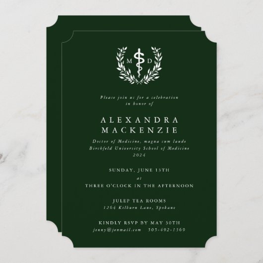 Green MD Asclepius + Laurel Wreated Afstuderen Kaart (Voorkant / Achterkant)