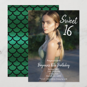 Green Mermaid Modern Foto Sweet 16 Party Kaart