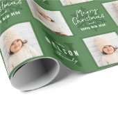 Green Merry Christmas Calligraphy Family 2 photo Cadeaupapier (Rol Hoek)