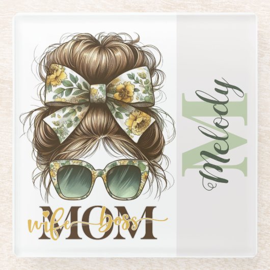 Green Messy Bun Mama Vrouw Baas Glazen Onderzetter (Voorkant)