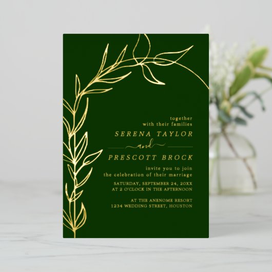 Green Minimal Arch Mariage Real Foil Invitation (Debout devant)