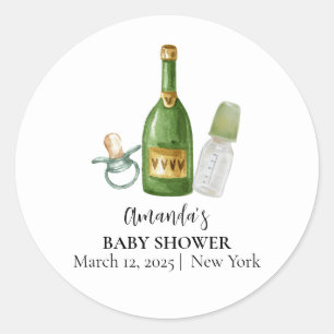 Green Minimal Poppin Champagne Bottles Baby shower Ronde Sticker