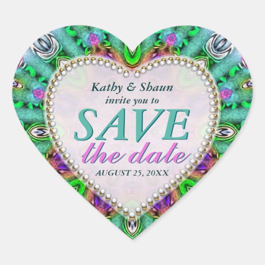 Green Mint & Pink Save the Date Heart Stickers (Voorkant)