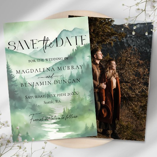 Green Misty Mountains Pine Trees Trouwfoto Save The Date