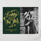 Green Modern Calligraphy and Wreath New Year Photo Folie Feestdagen Briefkaart (Voorkant)