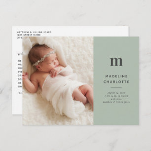 Green Monogram Foto Newborn Aankondiging Briefkaart