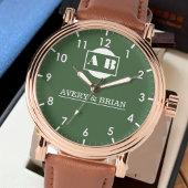 Green Monogram names of the bride and groom Horloge