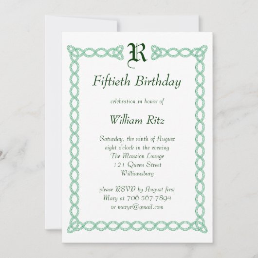 Green Monogramme Invitation d'anniversaire (Devant)