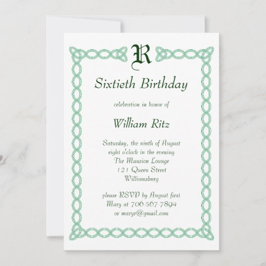 Green Monogrammed Birthday Invitation Kaart (Voorkant)