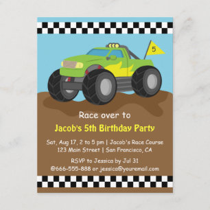 Green Monster Truck Birthday Party Kaart