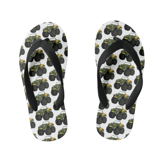 Green monster truck cartoon illustration kinder teenslippers (Voetbed)