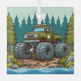 Green Monster Truck in het bos Glas Ornament