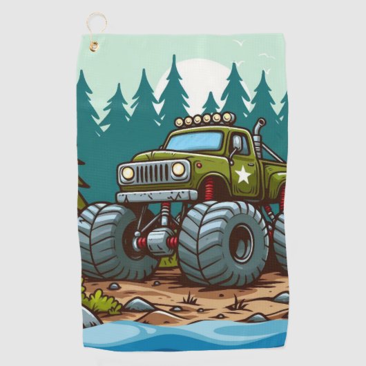 Green Monster Truck in het bos Golfhanddoek (Voorkant)