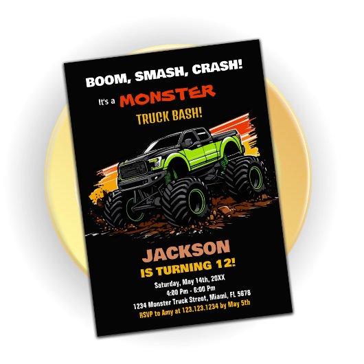 Green Monster Truck Invitations Anniversaire Noir
