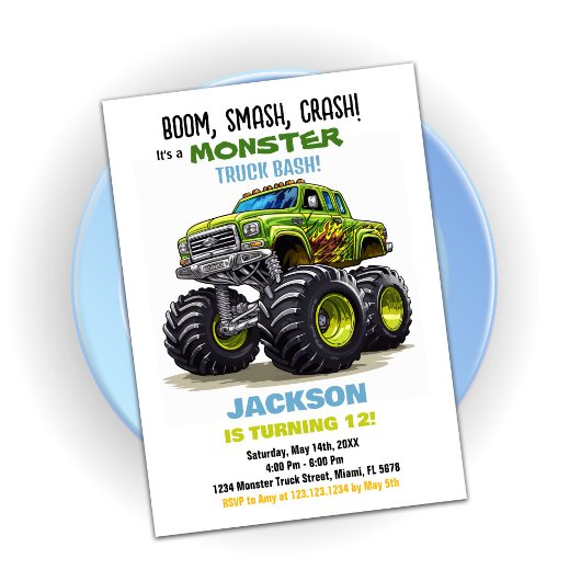 Green Monster Truck Invitations d'anniversaire
