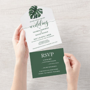 Green Monstera Leaf All in One Wedding Invitation