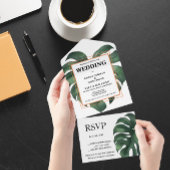 Green Monstera Leaf All in One Wedding Invitation
