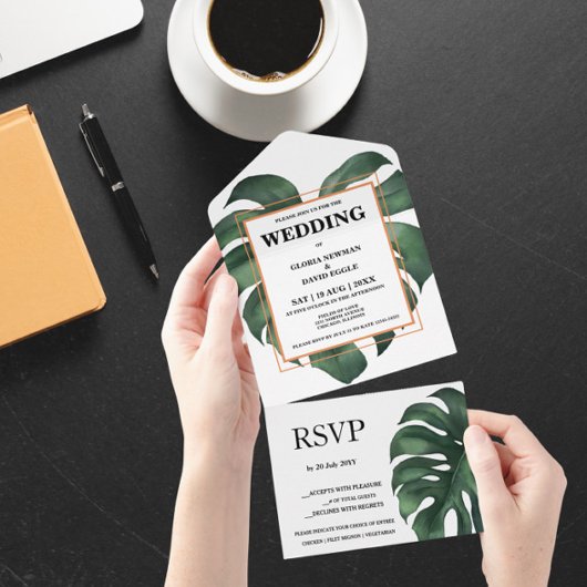 Green Monstera Leaf All in One Wedding Invitation