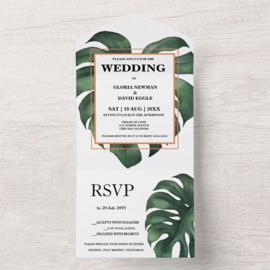 Green Monstera Leaf All in One Wedding Invitation (À l'intérieur)