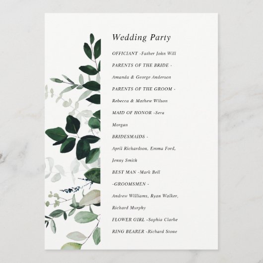 Green Navy Black Leafy Foliage Wedding Programme Programma (Achterkant)
