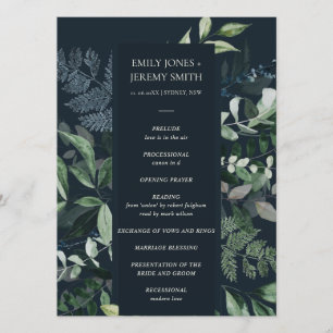 Green Navy Black Leafy Foliage Wedding Programme Programma