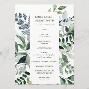 Green Navy Black Leafy Foliage Wedding Programme Programma