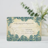 Green Navy Blue en Gold Peacock Wedding RSVP (Staand voorkant)