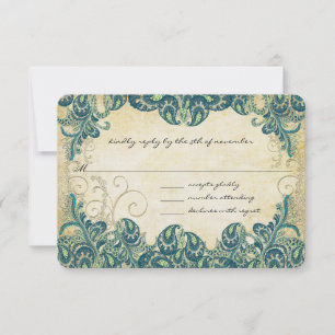 Green Navy Blue en Gold Peacock Wedding RSVP Kaartje