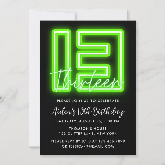 Green Neon 13e anniversaire Invitation (Devant)
