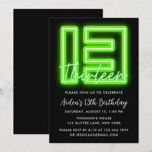 Green Neon 13e anniversaire Invitation (Devant / Derrière)