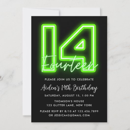 Green Neon 14e anniversaire Invitation (Devant)