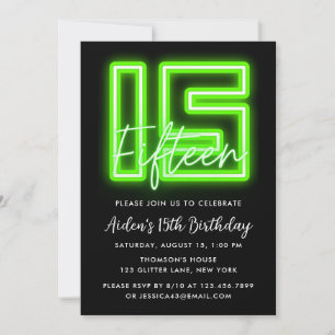 Green Neon 15th Birthday Invitation Kaart