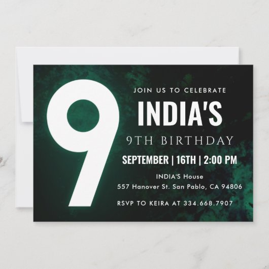 Green Neon 9e anniversaire Invitation (Devant)