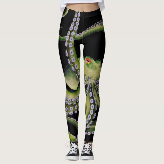 Green Octopus Black Leggings (Voorkant)